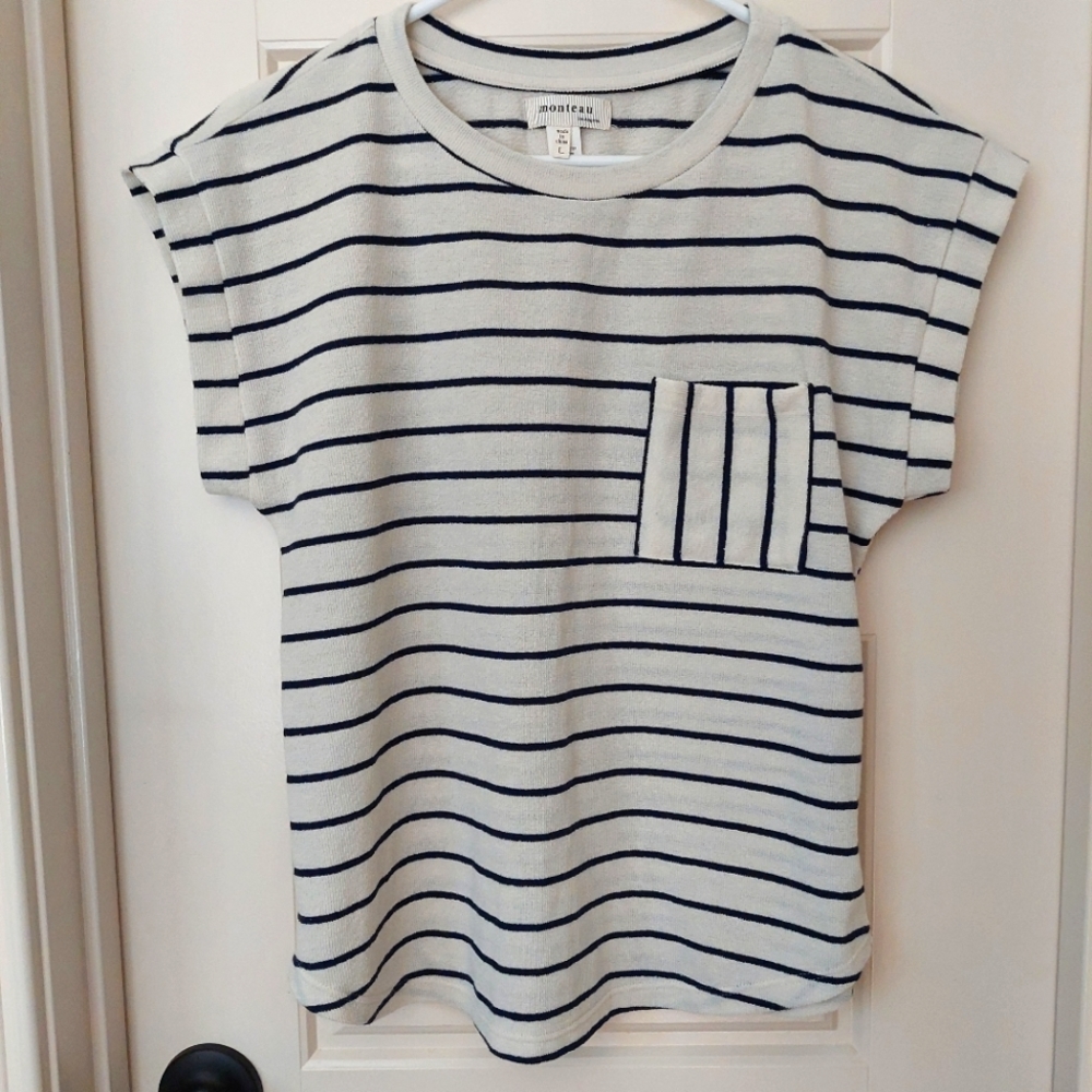 Monteau Striped Short Sleeve Top with Pocket L